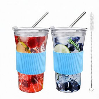 2 Pack 16 oz Glass Iced Coffee Tumbler with Straw & Sleeve