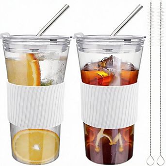 2 Pack 16 oz Glass Iced Coffee Tumbler with Straw & Sleeve