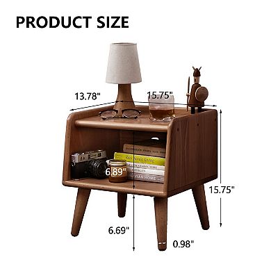 Homy Casa Compact Bedside Nightstand with Open Shelf Storage, Rounded Solid Wood Design