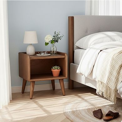 Homy Casa Compact Bedside Nightstand with Open Shelf Storage, Rounded Solid Wood Design