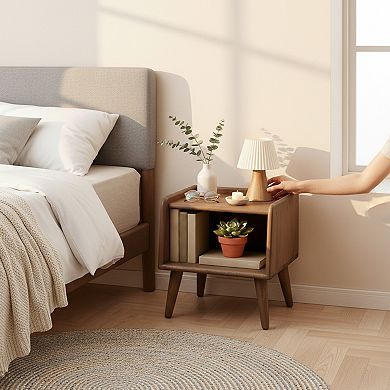 Homy Casa Compact Bedside Nightstand with Open Shelf Storage, Rounded Solid Wood Design