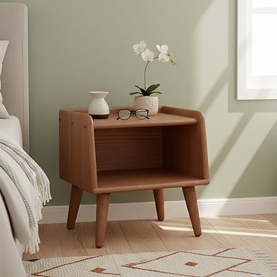 Homy Casa Compact Bedside Nightstand with Open Shelf Storage, Rounded Solid Wood Design