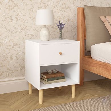 Homy Casa Wooden Nightstand with Drawer and Open Shelf