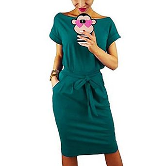 Women’s Casual Office Pencil Dress with Belted Waist
