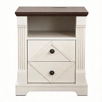 18" Farmhouse Nightstand Charging Station Roman Column 2-Drawer Open Shelf
