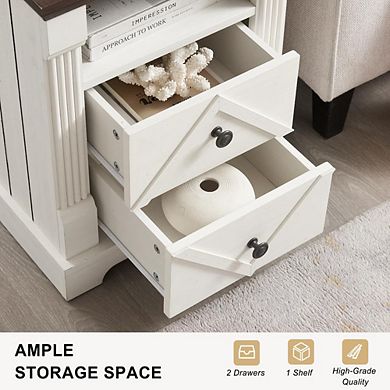 18" Farmhouse Nightstand Charging Station Roman Column 2-Drawer Open Shelf
