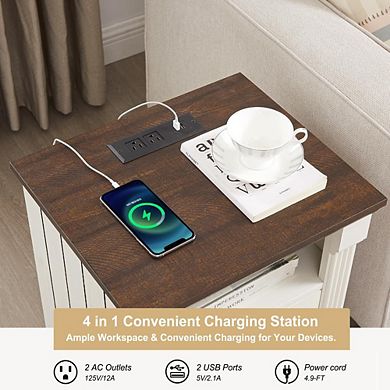 18" Farmhouse Nightstand Charging Station Roman Column 2-Drawer Open Shelf