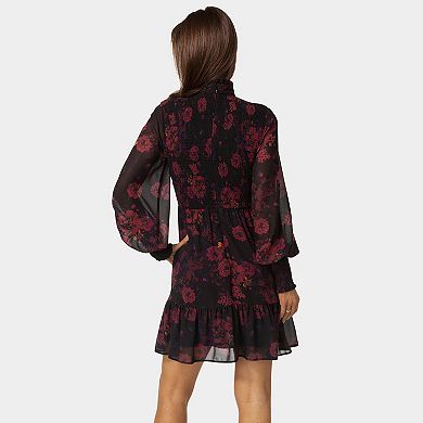 Women's bebe Mock Neck Chiffon Smocked Mini Dress