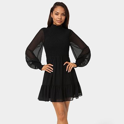 Bebe Women's Mock Neck Chiffon Smocked Mini Dress, Black, Medium