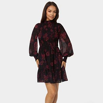 Women's bebe Mock Neck Chiffon Smocked Mini Dress