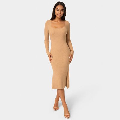 long sleeve scoop neck bodycon dress Long Sleeve Scoop Neck Cut Out Side Mini Bodycon Dress In Green Boucle Knit  | EGO US