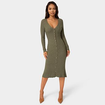 Women's bebe Button Front V-Neck Sweater Midi Dress