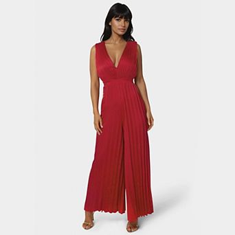 Women's bebe Pleated Deep V-Neck Satin Jumpsuit