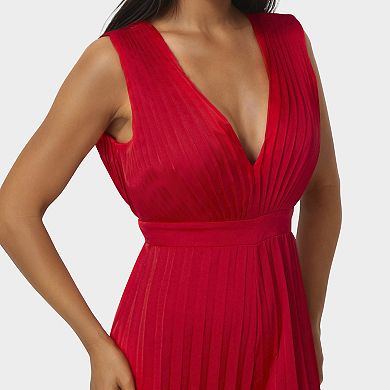 Women's bebe Pleated Deep V-Neck Satin Jumpsuit