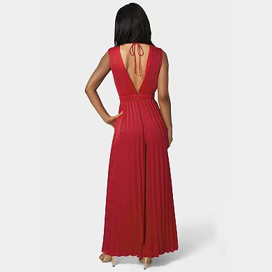 Women's bebe Pleated Deep V-Neck Satin Jumpsuit