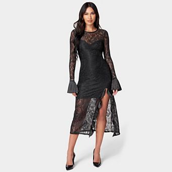Women's bebe Slit Lace Dress with Long Sleeves & Bell Cuffs
