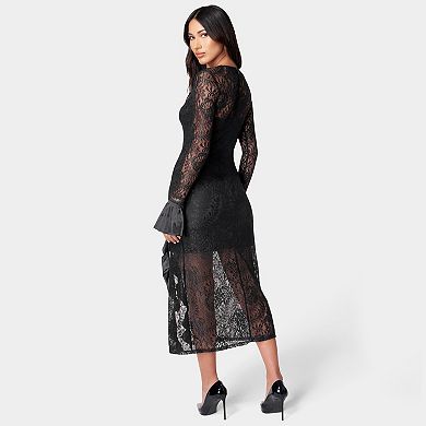 Women's bebe Slit Lace Dress with Long Sleeves & Bell Cuffs