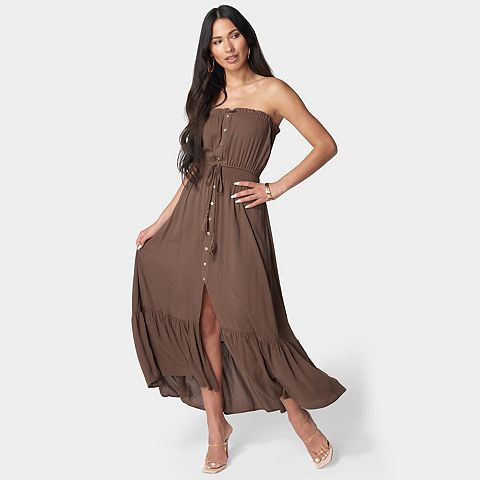 Женские платья bebe Women's bebe Strapless Maxi Dress with Ruffle Hem & Button Detail