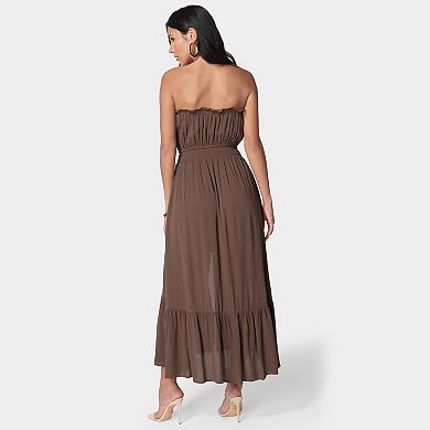 Women's bebe Strapless Maxi Dress with Ruffle Hem & Button Detail