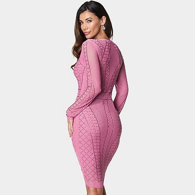 Women's bebe Crystal Mesh Midi Dress with Long Sleeves & Rhinestone Detail