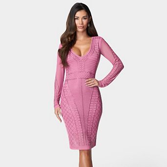 Women's bebe Crystal Mesh Midi Dress with Long Sleeves & Rhinestone Detail