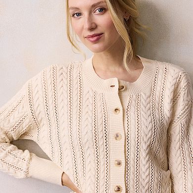 Petite LC Lauren Conrad Crewneck Pointelle Cable Sweater Cardigan