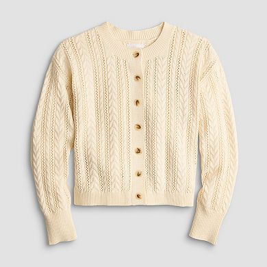Petite LC Lauren Conrad Crewneck Pointelle Cable Sweater Cardigan