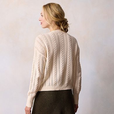 Petite LC Lauren Conrad Crewneck Pointelle Cable Sweater Cardigan