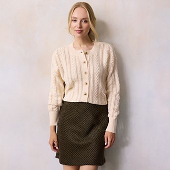 Petite LC Lauren Conrad Crewneck Pointelle Cable Sweater Cardigan