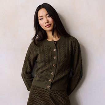 Petite LC Lauren Conrad Crewneck Pointelle Cable Sweater Cardigan