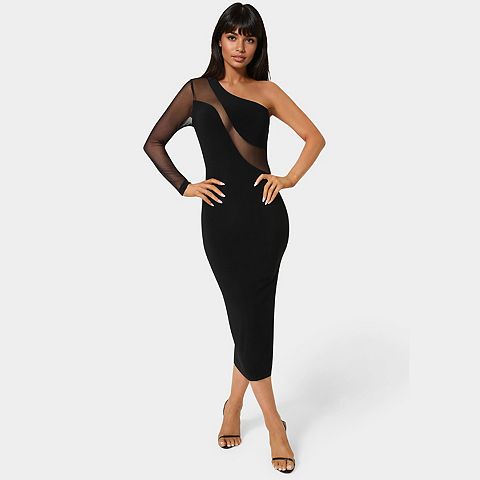 Женские платья bebe Women's bebe One Shoulder Mesh Insert Midi Dress