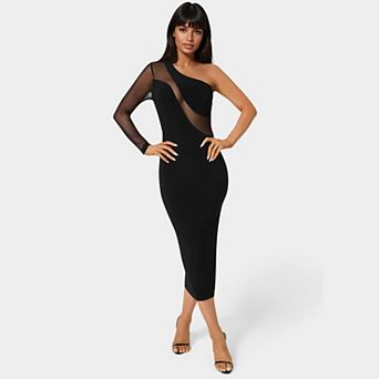 Women's bebe One Shoulder Mesh Insert Midi Dress