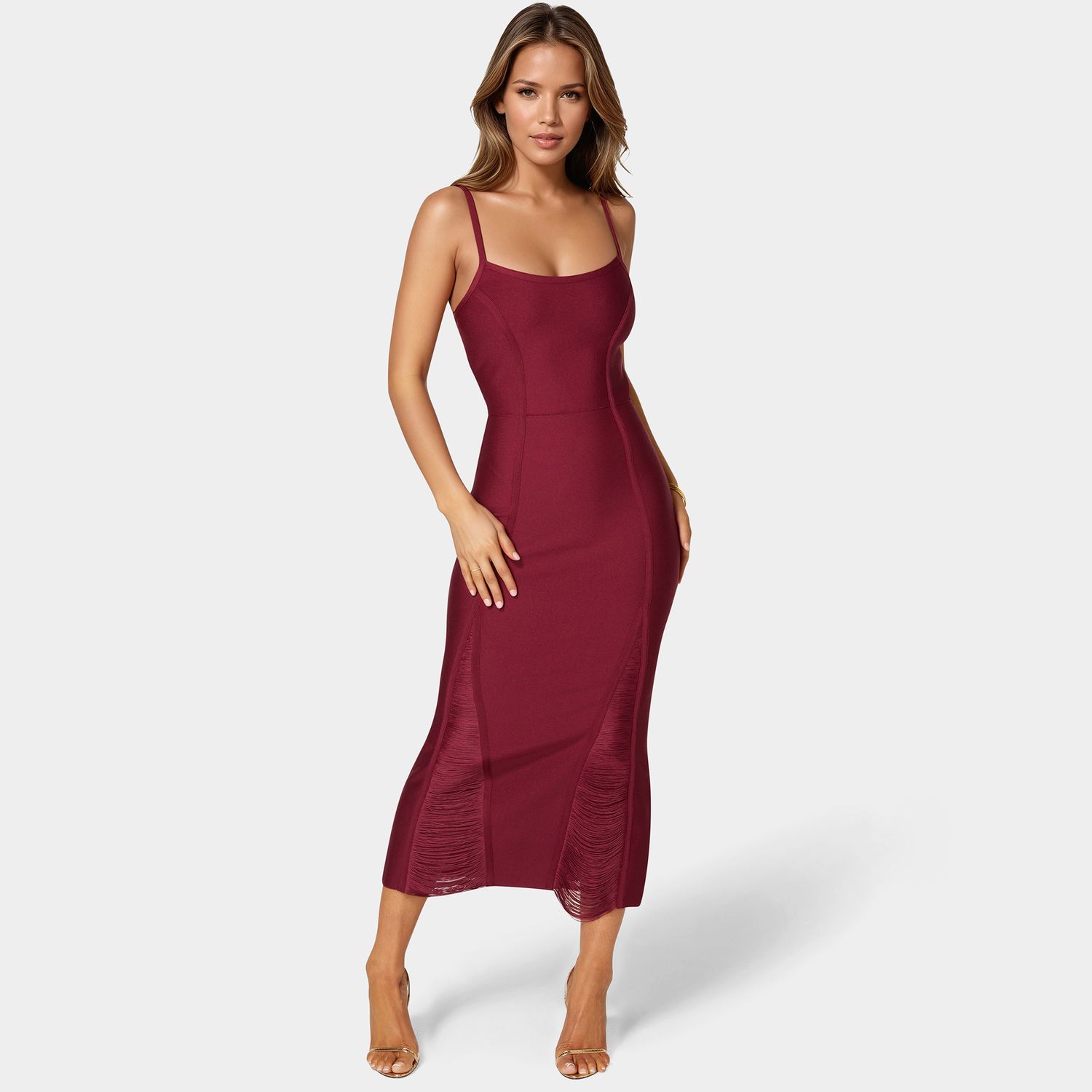 Женские платья bebe Fringe Inset Bandage Midi Dress
