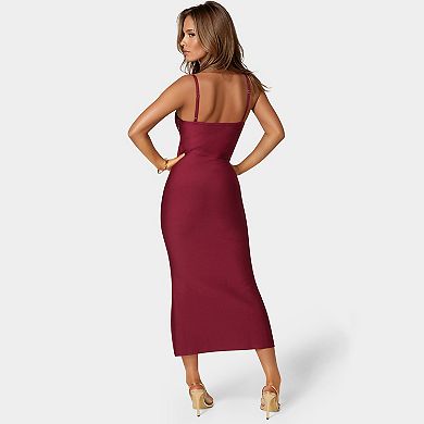 Women's bebe Fringe Inset Bandage Midi Dress