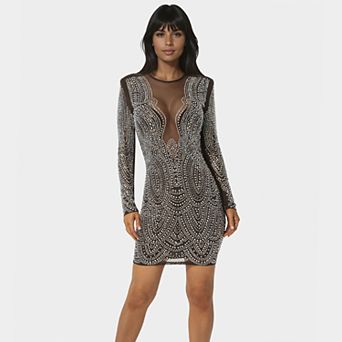 Women's bebe Embellished Illusion Mesh Mini Dress