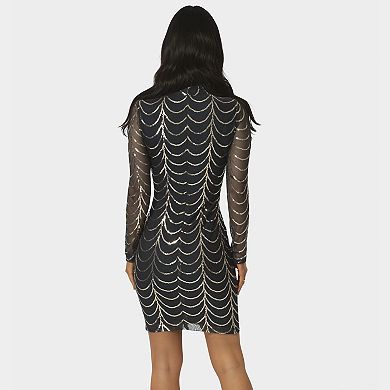 Women's bebe Sequins Mesh Mock Neck Mini Dress