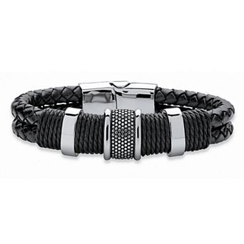 PalmBeach Jewelry Men's Bracelet in Stainless Steel and Braided Black Leather 8"