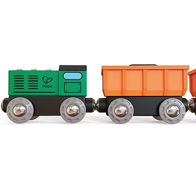 Hape 5-Piece Diesel Freight Train Wooden Locomotive Toy Set