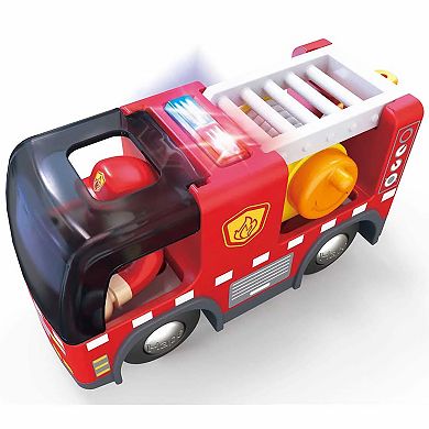 Hape Firefighter Figurine & Hose Reel Fire Truck With Siren Set
