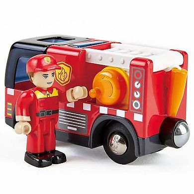 Hape Firefighter Figurine & Hose Reel Fire Truck With Siren Set