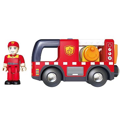 Hape Firefighter Figurine & Hose Reel Fire Truck With Siren Set