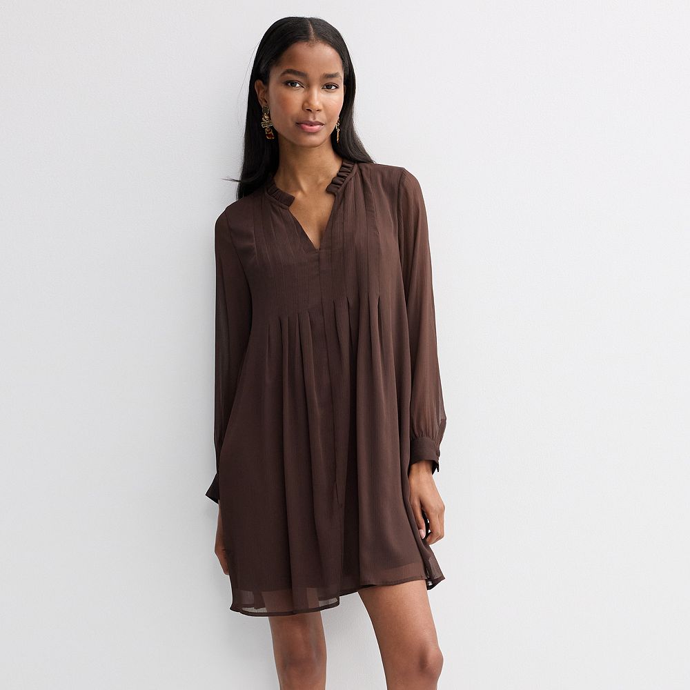 Petite Nine West Ruffle Neck Pintuck Mini Dress