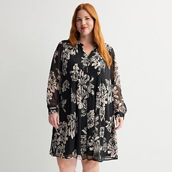 Plus Size Nine West Ruffle Neck Pintuck Mini Dress