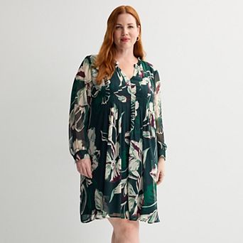 Plus Size Nine West Ruffle Neck Pintuck Mini Dress