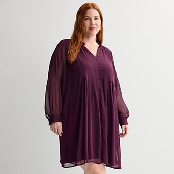 Plus Size Nine West Ruffle Neck Pintuck Mini Dress