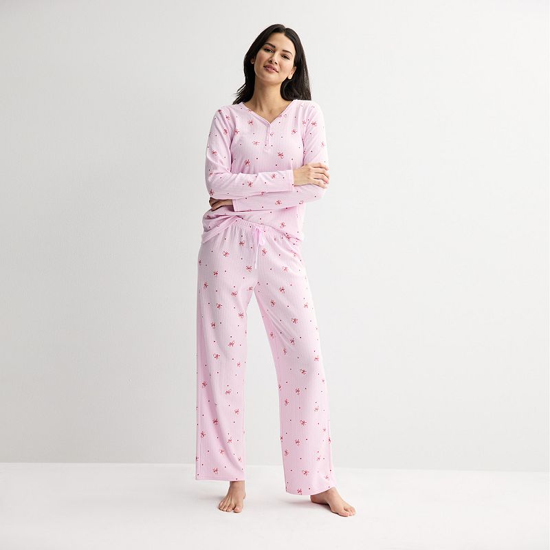Petite Croft & Barrow® Long Sleeve Textured Knit Pajama Top & Pajama Bottoms Set, Women's,