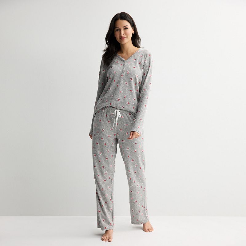Petite Croft & Barrow® Long Sleeve Textured Knit Pajama Top & Pajama Bottoms Set, Women's,