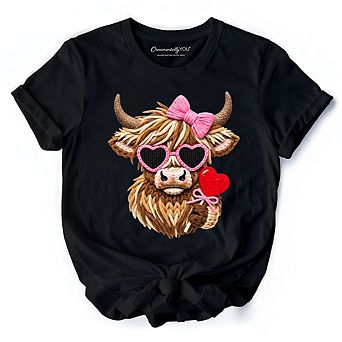 Highland Cow Faux-Yarn Valentine T-Shirt, Cute Knit Coquette Tee
