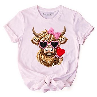 Highland Cow Faux-Yarn Valentine T-Shirt, Cute Knit Coquette Tee