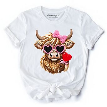 Highland Cow Faux-Yarn Valentine T-Shirt, Cute Knit Coquette Tee